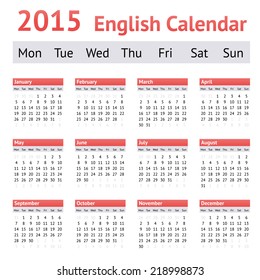 2015 European English Calendar. Week starts on Monday