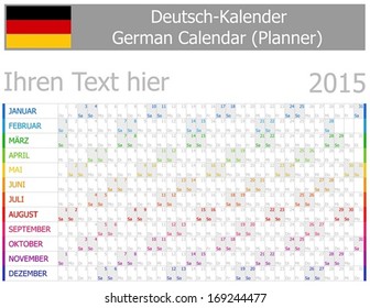 2015 German Planner-2 Calendar with Horizontal Months on white background