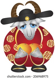 2015 Happy Chinese Lunar New Year of the Goat Prosperity Money God Holding Mandarin Oranges Vector Illustration Isolated on White Background
