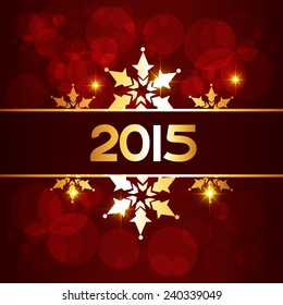 2015 happy new year design in golden style placed on red background with snowflakes