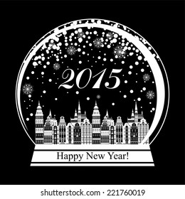 2015 Happy New Year greeting card. Snow globe with a town. Vector illustration 