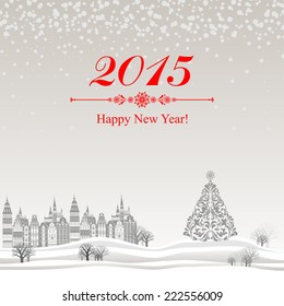 2015 Happy New Year greeting card.  Celebration background with Christmas Landscape, Christmas balls and place for your text. Vector Illustration 