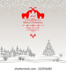 2015 Happy New Year greeting card. Christmas card. Celebration background with Christmas Landscape, Christmas balls and place for your text. Vector Illustration 