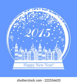 2015 Happy New Year greeting card. Snow globe with a town. Vector illustration 