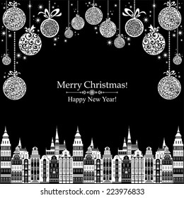 2015 Happy New Year greeting card. Christmas card. Celebration background with Christmas Landscape, Christmas balls and place for your text. Vector Illustration 