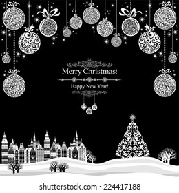 2015 Happy New Year greeting card. Christmas card. Celebration background with Christmas Landscape, Christmas tree, balls and place for your text. Vector Illustration 