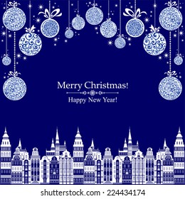 2015 Happy New Year greeting card. Christmas card. Celebration background with Christmas Landscape, Christmas balls and place for your text. Vector Illustration 