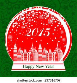 2015 Happy New Year greeting card. Snow globe with a town. Vector illustration 
