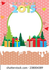 2015 Happy New Year greeting card. Celebration background with Christmas Landscape, Christmas balls and place for your text. Vector Illustration 