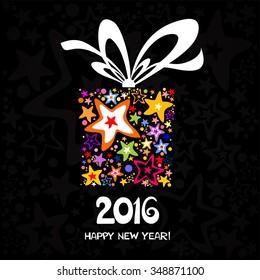 2015 Happy New Year greeting card.  Celebration black background with gift box and place for your text.   Vector illustration