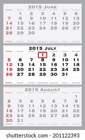 2015 july with red dating mark - current marked holiday is Canada Day - vector illustration
