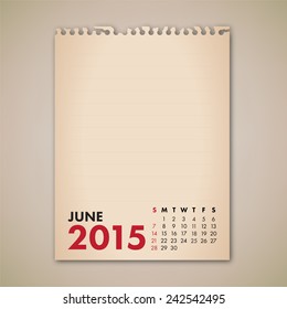 2015 June Old Note Paper Calendar Vector 