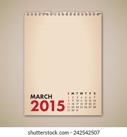 2015 March Old Note Paper Calendar Vector 