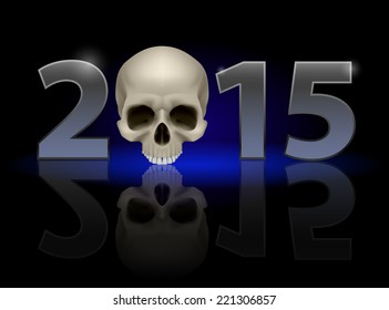 2015: metal numerals with skull instead of zero having weak reflection. Illustration on black background.