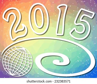 2015 new year background with globe and spiral on rainbow triangle patterned area
