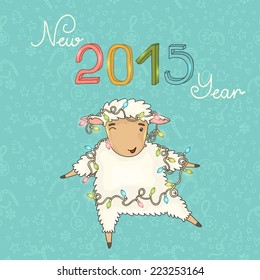 2015 New Year background. Illustration with dancing sheep on a bright background