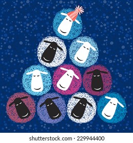 2015 new year card with Christmas tree of cute  sheep. Vector illustration.Symbol of the New Year 2015 