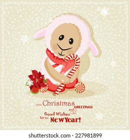 2015 new year card with cute sheep. Chinese  Goat. Vector illustration.