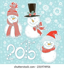 2015 new year card with cute  snowmen. Vector illustration, holiday background.