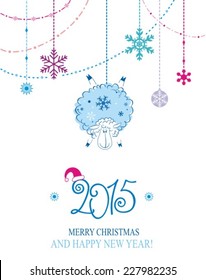 2015 new year card with nice owl and snowflakes. Vector illustration 