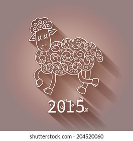 2015 new year card, white sheep with shadow on pink background, ornamental lace pattern, vector illustration