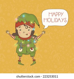 2015 New Year and Christmas background. Cheerful elf hung with garlands on a bright background