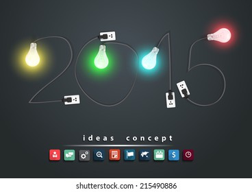 2015 new year with creative light bulb ideas concept, With business flat icons set , Vector illustration modern design template