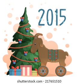 2015 New year greeting card illustration with christmas tree, presents and the toy, wooden goat - symbol of the new year