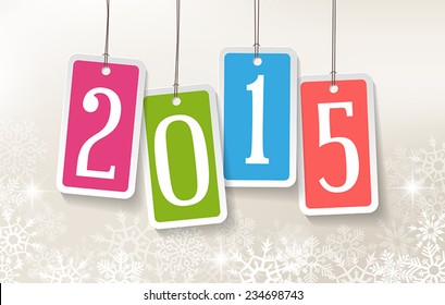 2015 New Year greetings card with four colorful stickers.