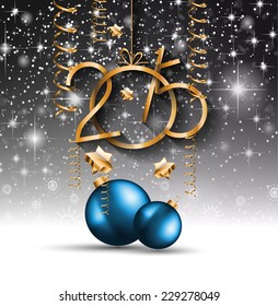 2015 New Year and Happy Christmas background for your flyers. Includes a lot of festive themed elements: balls, stars, golden words and shapes.