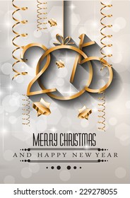 2015 New Year and Happy Christmas background for your flyers. Includes a lot of festive themed elements: balls, stars, golden words and shapes.