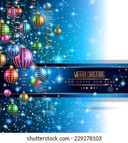 2015 New Year and Happy Christmas background for your flyers. Includes a lot of festive themed elements: balls, stars, golden words and shapes.