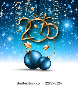 2015 New Year and Happy Christmas background for your flyers. Includes a lot of festive themed elements: balls, stars, golden words and shapes.