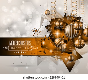 2015 New Year and Happy Christmas background for your flyers. Includes a lot of festive themed elements: balls, stars, golden words and shapes.