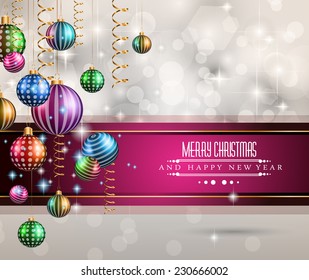 2015 New Year and Happy Christmas background for your flyers. Includes a lot of festive themed elements: balls, stars, golden words and shapes.