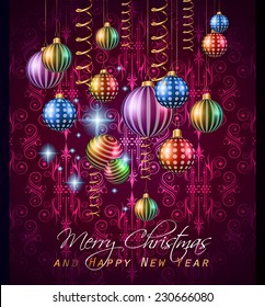 2015 New Year and Happy Christmas background for your flyers. Includes a lot of festive themed elements: balls, stars, golden words and shapes.