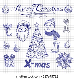 2015 New year set label Hand Drawn on a school notebook background. Vector illustration Christmas calligraphic inscription, Christmas tree, Santa Claus, snowman, bell, balls, puasentiya.