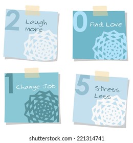 2015 new years resolutions self improvement notes, greeting card, vector isolated objects