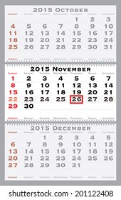 2015 november with red dating mark - current marked holiday is Thanksgiving Day- vector illustration