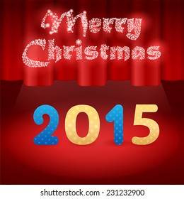 2015 on stage, red background, snow Merry Christmas