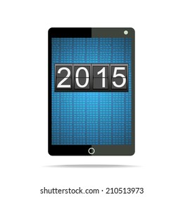 2015 on Tablet PC display over matrix background. Happy New Year with departures style