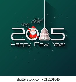 2015 Origami Happy New Year Tree greeting card with Santa Claus on green background.  Vector illustration.