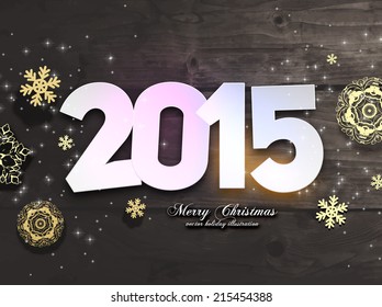 2015 Origami Happy New Year Greeting Card. Wood Background. Paper Snowflakes.