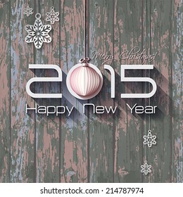 2015 Pink Origami Happy New Year  Ball  greeting card on wood background.  Vector illustration.