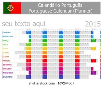 2015 Portuguese Planner Calendar with Horizontal Months on white background