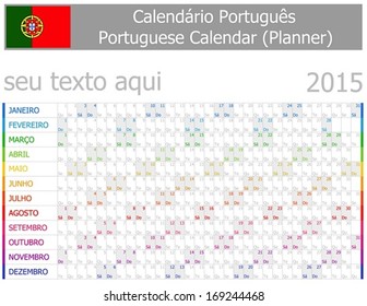 2015 Portuguese Planner-2 Calendar with Horizontal Months on white background