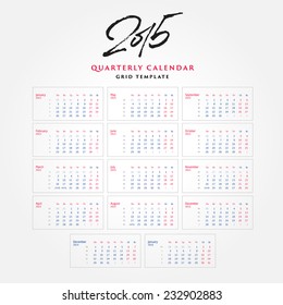 2015 quarterly minimalistic calendar grid template with brush script calligraphy lettering