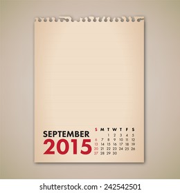 2015 September Old Note Paper Calendar Vector 