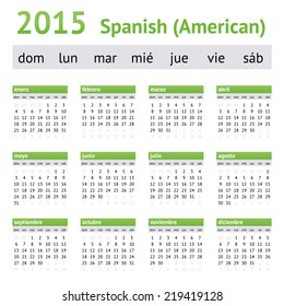 2015 Spanish American Calendar. Week starts on Sunday