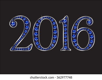 2015 in stunning blue sapphire precious round jewels set into a 2-level silver gradient channel setting, isolated on black. Vector EPS-10 file, transparency used. 